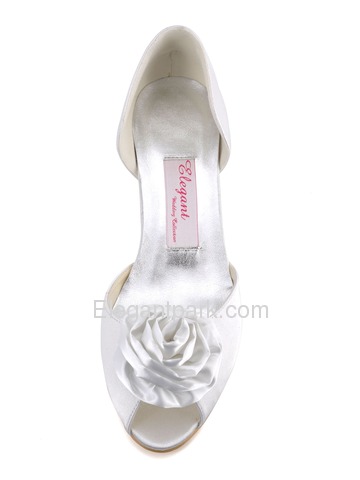 Elegantpark White Peep Toe Flower Low Heel Satin Wedding Evening Party Shoes (EL-R-58)