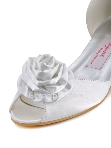 Elegantpark White Peep Toe Flower Low Heel Satin Wedding Evening Party Shoes (EL-R-58)