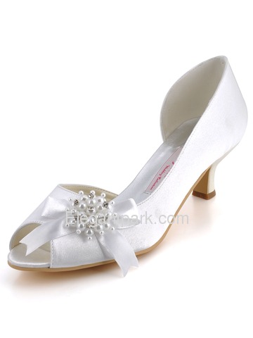 Elegantpark White Peep Toe Chunky Heel Satin Beading Evening & Party Shoes (AC416)