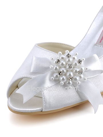 Elegantpark White Peep Toe Chunky Heel Satin Beading Evening & Party Shoes (AC416)