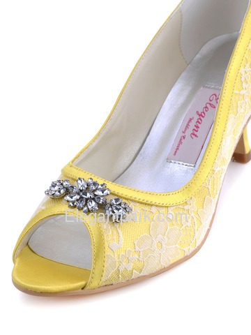 Elegantpark Yellow Peep Toe Stiletto Heel Satin Lace Rhinestones Shoes (AJ55)