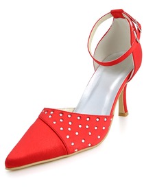 Elegantpark Red Pointy Toe Stiletto Heel Rhinestones Satin Wedding Party Shoes with Buckle
