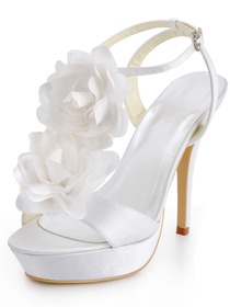 Elegantpark White Open Toe Stiletto Heel Flower Platforms Satin Wedding Party Buckle Sandals