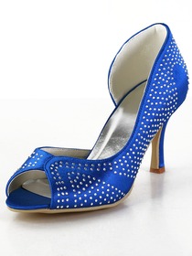 Elegantpark Blue Peep Toe Rhinestones Stiletto Heel Satin Wedding Party Shoes