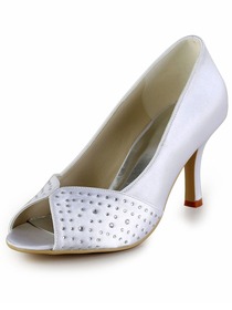 Elegantpark White Peep Toe Rhinestones Satin Stiletto Heel Bridal Wedding Party Shoes
