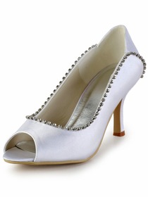 Elegantpark Modern White Peep Toe Rhinestones Stiletto Heel Satin Bridal Wedding Party Pumps