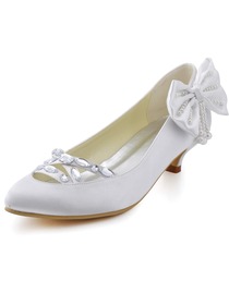Elegantpark White Almond Toe Crystal Pearl Bow Low Heel Satin Bridal Party Pumps