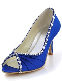 Elegantpark Royal Blue Peep Toe Rhinestone Pleat Satin Evening Party Prom Shoes