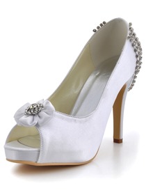 Elegantpark White Peep Toe Flower Rhinestone Platform Stiletto Heel Satin Wedding Prom Shoes