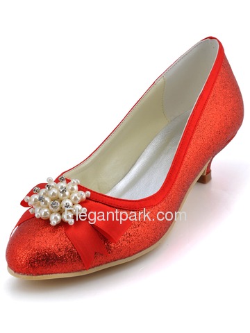 Elegant Red Almond Toe Pearl Bow Low Heel Glitter PU Wedding Party Shoes (EP2101)