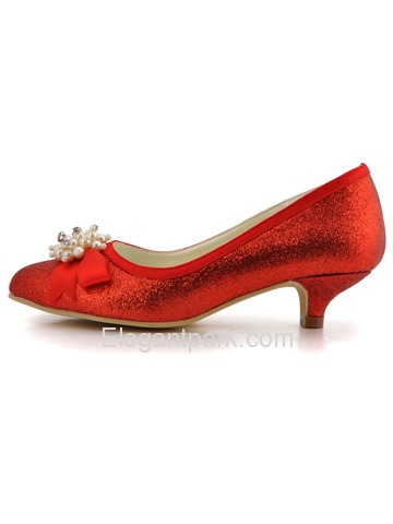 Elegant Red Almond Toe Pearl Bow Low Heel Glitter PU Wedding Party Shoes (EP2101)