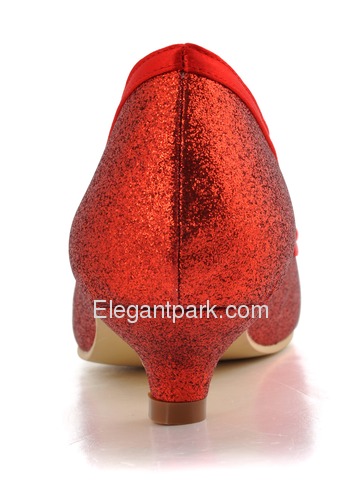 Elegant Red Almond Toe Pearl Bow Low Heel Glitter PU Wedding Party Shoes (EP2101)