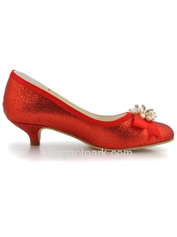 Elegant Red Almond Toe Pearl Bow Low Heel Glitter PU Wedding Party Shoes (EP2101)