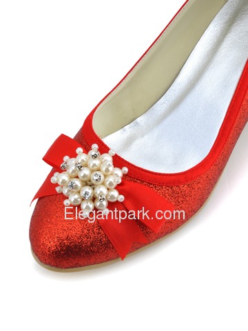 Elegant Red Almond Toe Pearl Bow Low Heel Glitter PU Wedding Party Shoes (EP2101)