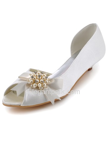 Elegantpark White Peep Toe Chunky Heel Satin Beading Evening & Party Shoes (AC416)