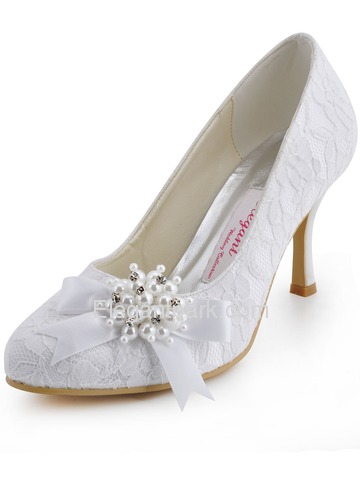 Elegantpark White Almond Toe Lace Pumps Stiletto Heel Pearls Wedding Bridal Shoes (AJ001)
