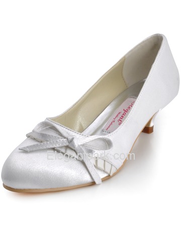 Elegantpark White Closed Toe Chunky Heel Satin Shoes (EL-032)
