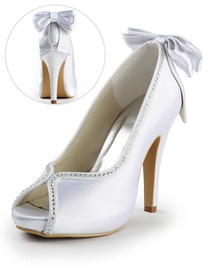 Elegantpark Peep Toe Stiletto Heel Platform Satin Bowknot Rhinestones Wedding & Party Shoes