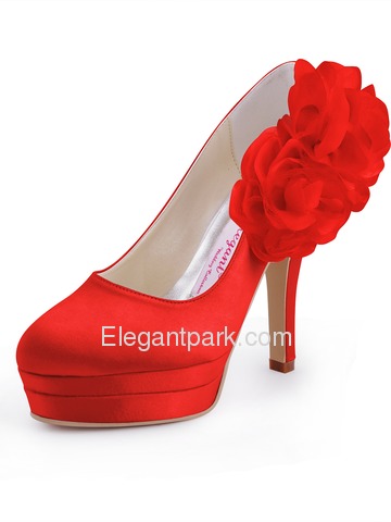 Elegantpark Closed Toe Pumps Double Platforms Side-Flowers Satin Stiletto Heel Wedding & Party Shoes (EP11089-2PF)