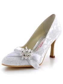 Elegantpark White Almond Toe Lace Pumps Stiletto Heel Pearls Wedding Bridal Shoes