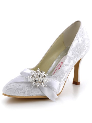 Elegantpark White Almond Toe Lace Pumps Stiletto Heel Pearls Wedding Bridal Shoes (AJ001)