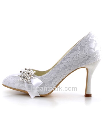 Elegantpark White Almond Toe Lace Pumps Stiletto Heel Pearls Wedding Bridal Shoes (AJ001)
