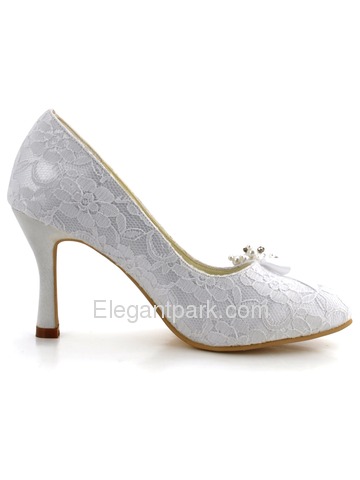 Elegantpark White Almond Toe Lace Pumps Stiletto Heel Pearls Wedding Bridal Shoes (AJ001)