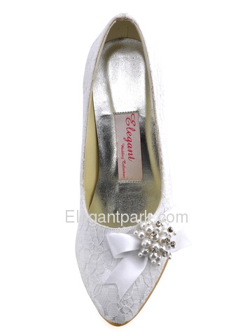 Elegantpark White Almond Toe Lace Pumps Stiletto Heel Pearls Wedding Bridal Shoes (AJ001)