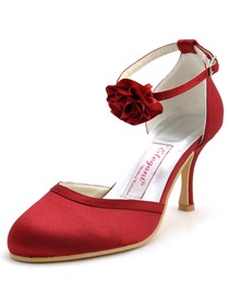 Elegantpark Burgundy Round Toe Flower Buckle Stiletto Heel Satin Wedding Evening Party Shoes