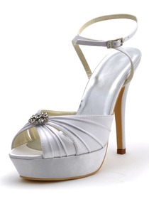 Elegantpark Peep Toe Rhinestones Platform Stiletto Heel Satin Pleats Wedding Bridal Slingbacks Sandals