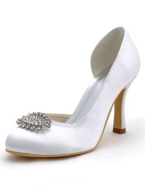 Elegantpark White Almond Toe Satin Rhinestones Stiletto Heel Bridal Pumps Shoes