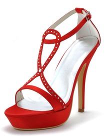 Elegantpark Red Stylish Satin Open Toe Rhinestones Platform Stiletto Heel Wedding & Prom Sandals
