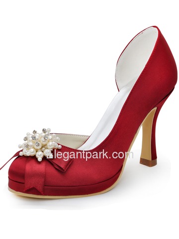 Elegantpark Red Round Toes Pearls Satin Pumps High Heel Rhinestones Platform Bridal Shoes (100114-PF)