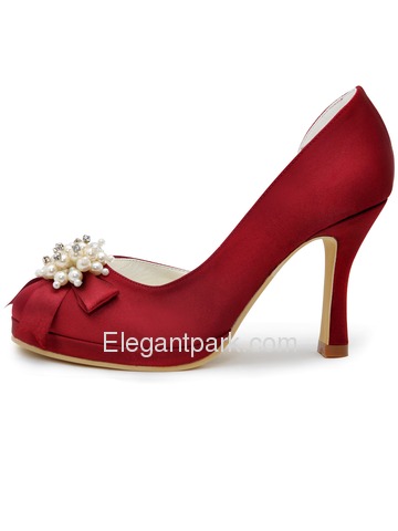 Elegantpark Red Round Toes Pearls Satin Pumps High Heel Rhinestones Platform Bridal Shoes (100114-PF)