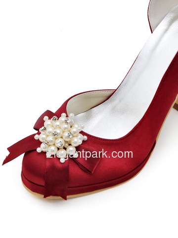 Elegantpark Red Round Toes Pearls Satin Pumps High Heel Rhinestones Platform Bridal Shoes (100114-PF)