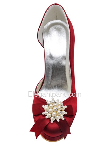 Elegantpark Red Round Toes Pearls Satin Pumps High Heel Rhinestones Platform Bridal Shoes (100114-PF)