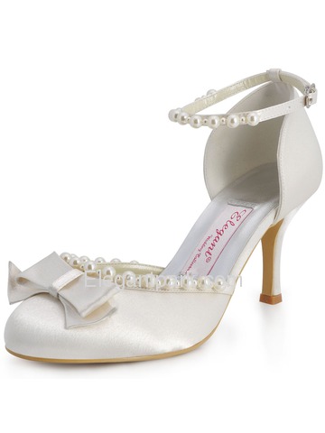 Elegantpark Satin Stiletto Heel Almond Toe Imitation Pearl Bridal Party Shoes With Bow (EP11067)