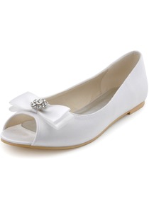 Elegantpark White Peep Toe Bowknot Rhinestone Flat Satin Wedding Evening Party Shoes