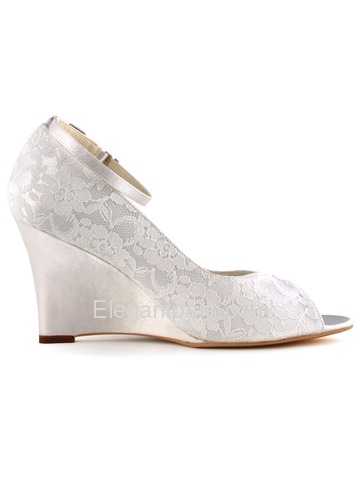 Elegantpark White Ivory Peep Toe Lace Satin Tie Wedges Wedding Bridal Shoes (WP1415)