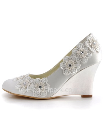 Elegantpark Ivory Closed Toe Lace Embroidery Flower Satin Wedges Wedding Bridal Shoes (WP1416)