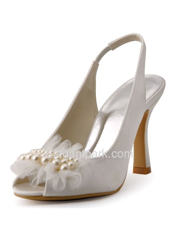 New 2015 Peep Toe Spool Heel White Ivory Satin Pearls Party Wedding Bride Shoes (HP1419)