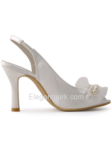 New 2015 Peep Toe Spool Heel White Ivory Satin Pearls Party Wedding Bride Shoes (HP1419)