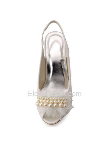 New 2015 Peep Toe Spool Heel White Ivory Satin Pearls Party Wedding Bride Shoes (HP1419)