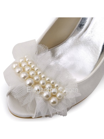 New 2015 Peep Toe Spool Heel White Ivory Satin Pearls Party Wedding Bride Shoes (HP1419)