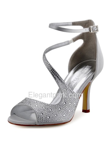 Elegantpark New Silver Satin Open Toe Stiletto Heels Crystal Weeding Party Shoes (HP1505)