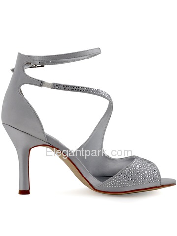 Elegantpark New Silver Satin Open Toe Stiletto Heels Crystal Weeding Party Shoes (HP1505)