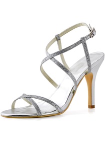 Elegantpark Silver Open Toe Buckle Stiletto Heel Satin Wedding Evening Party Sandals