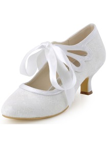 Elegantpark Ivory Closed Toe Women Ribbon Tie Mid Heel Lace Wedding Shoes(More color)