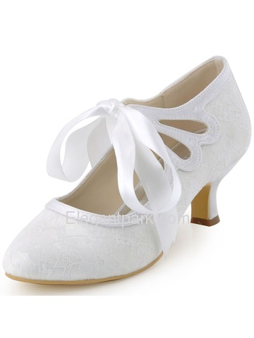 Elegantpark Ivory Closed Toe Women Ribbon Tie Mid Heel Lace Wedding Shoes(More color) (HC1521)