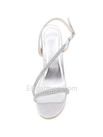 Elegantpark Silver Open Toe Rhinestone Chain Chunky Heel Satin Evening & Party Shoes (EP11097)